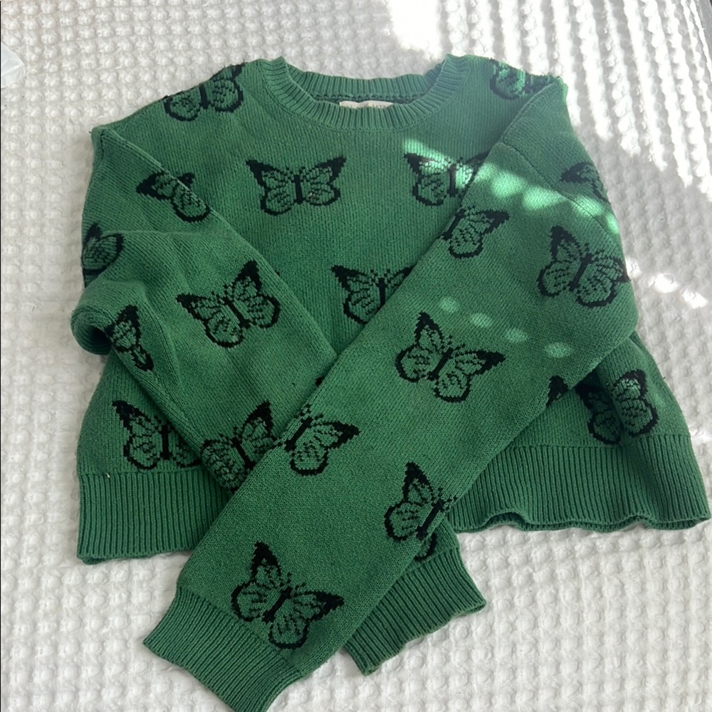 PacSun Green and Black Crew Neck Sweater with Butterfly Print